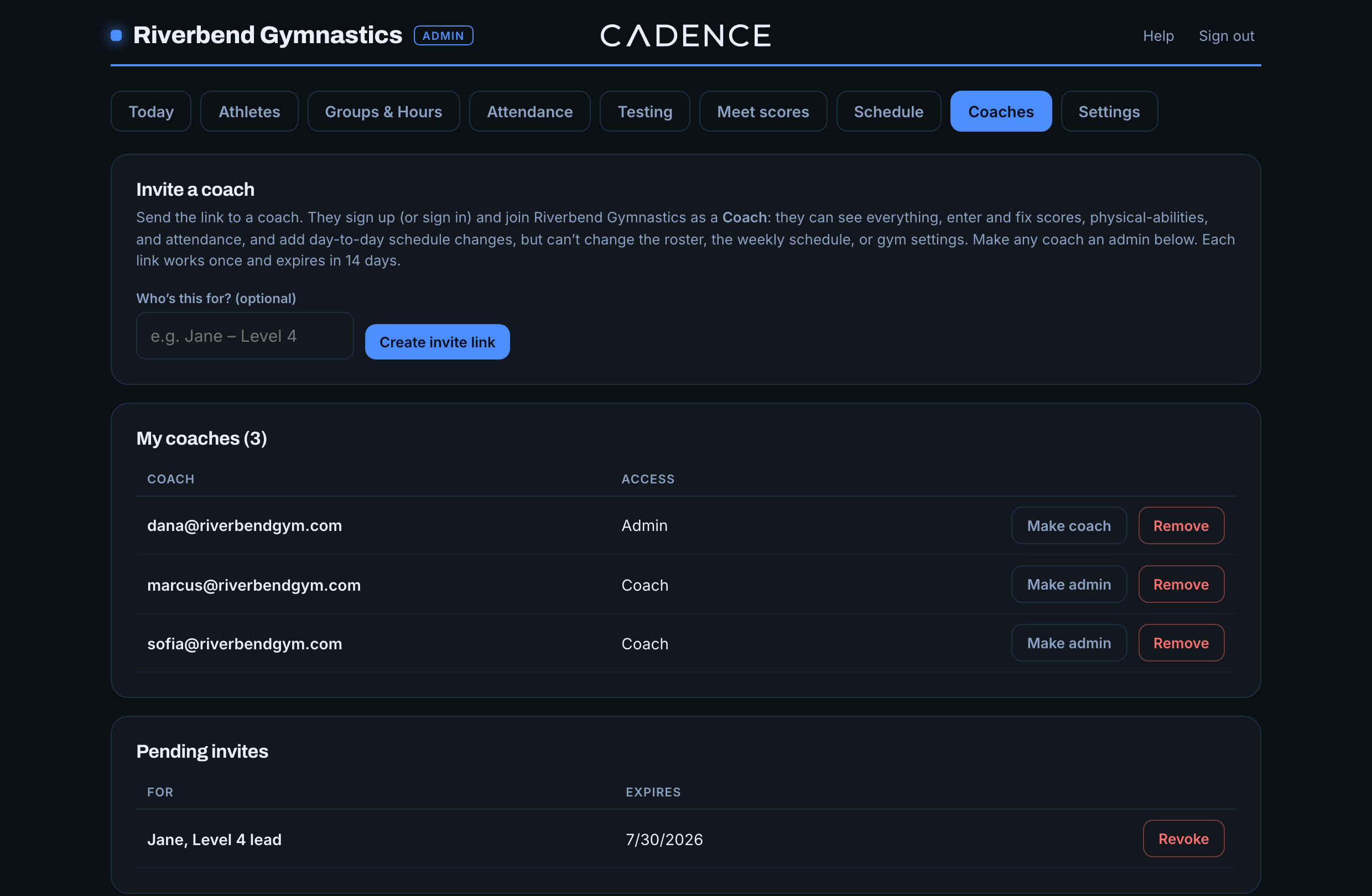 Coaches tab: invite links and role management