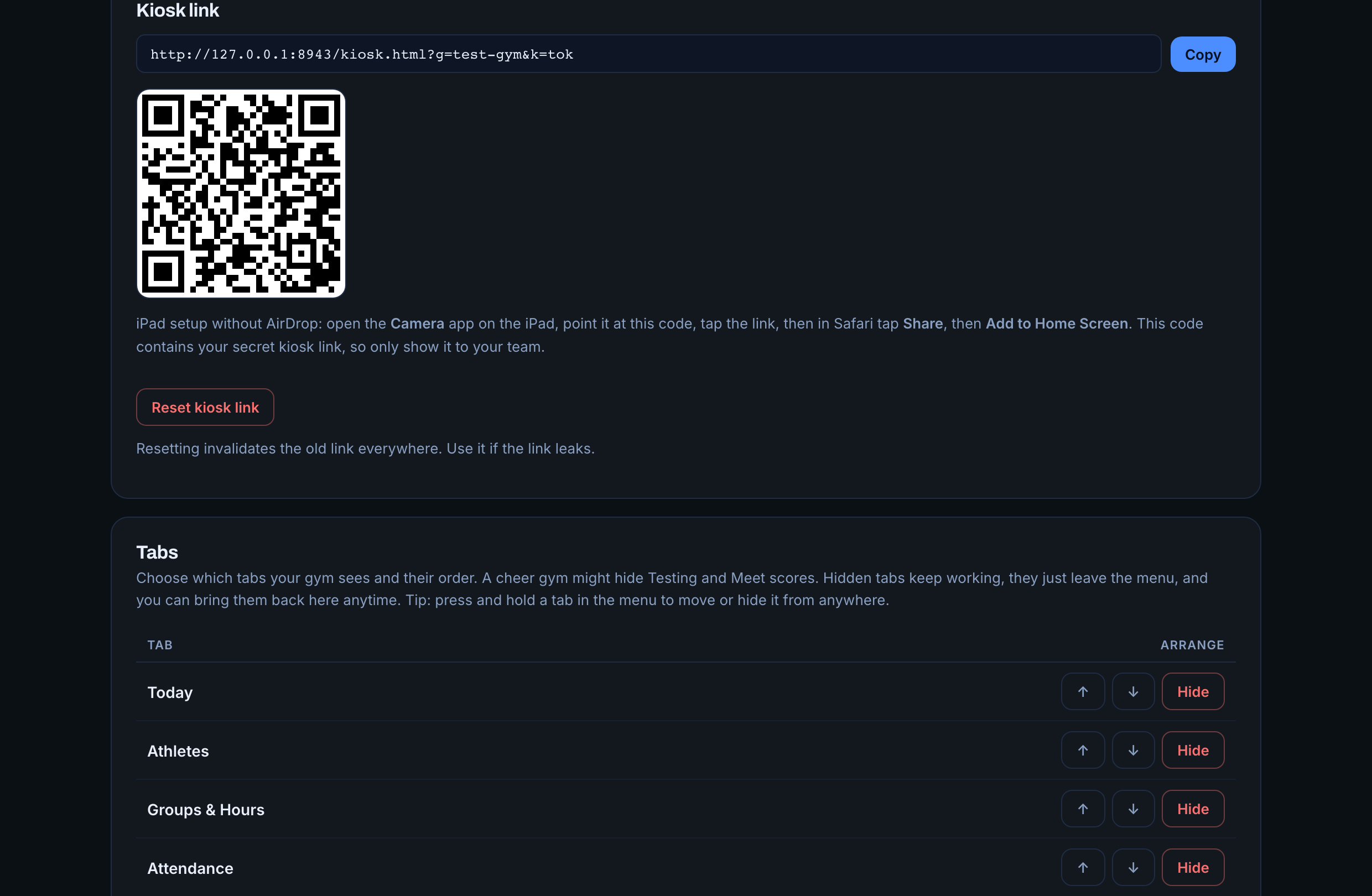 Settings: kiosk QR code and tab layout