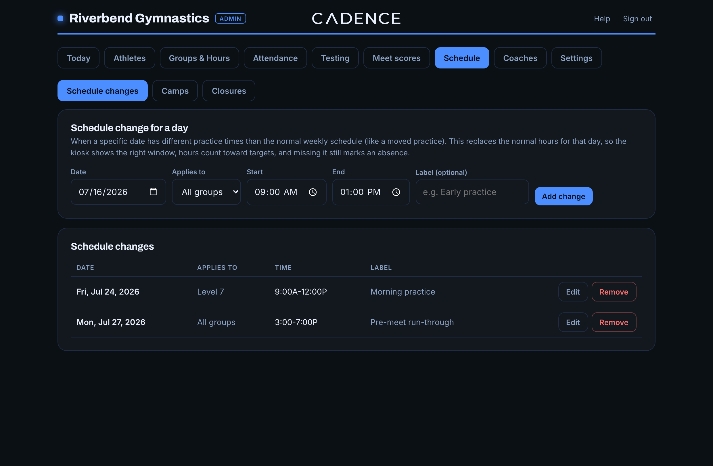 Schedule tab: changes, camps, and closures