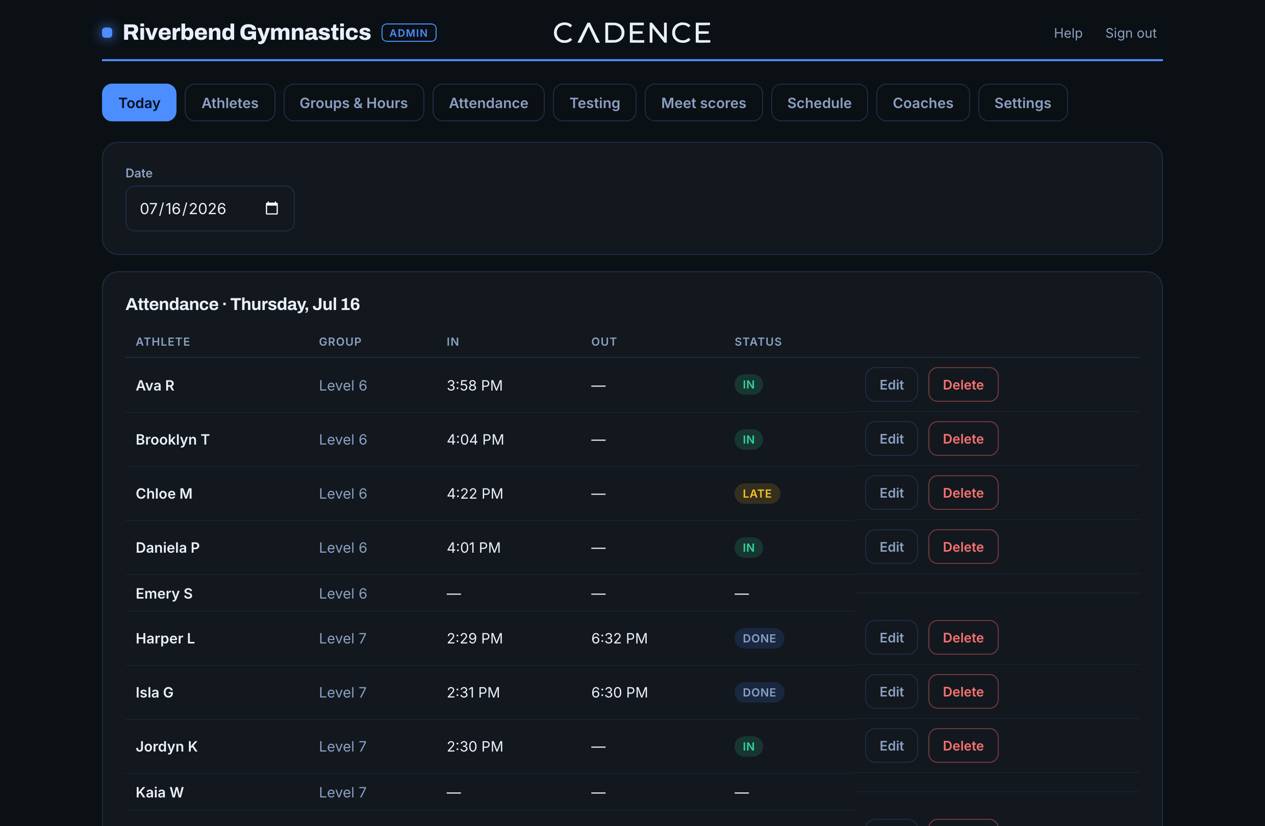 Today tab: live attendance for the current day